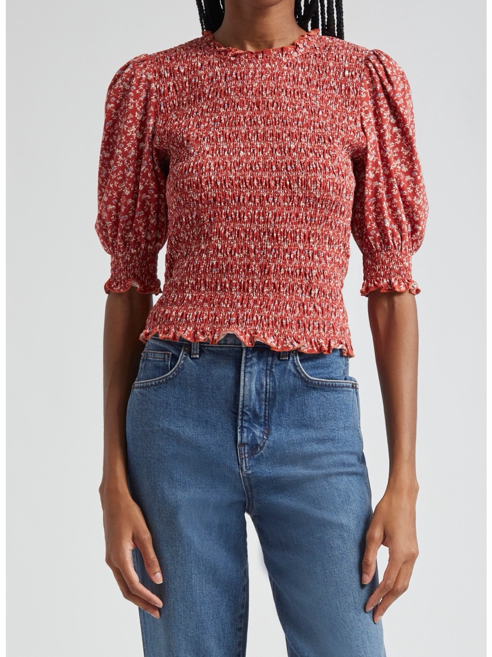 Veronica Beard Smocked Puff-Sleeve Top in Red Floral